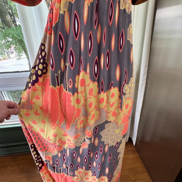 Vintage 70s dress, coral, grey, yellow floral, boho maxi with empire waist - Picture 9 of 10
